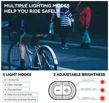Afbeelding in Gallery-weergave laden, ROCKBROS Bike Rear Light LED Waterproof IPX6 USB Rechargeable, Smart Brake Light Helder rood licht met 5 vaste en knipperende modi.
